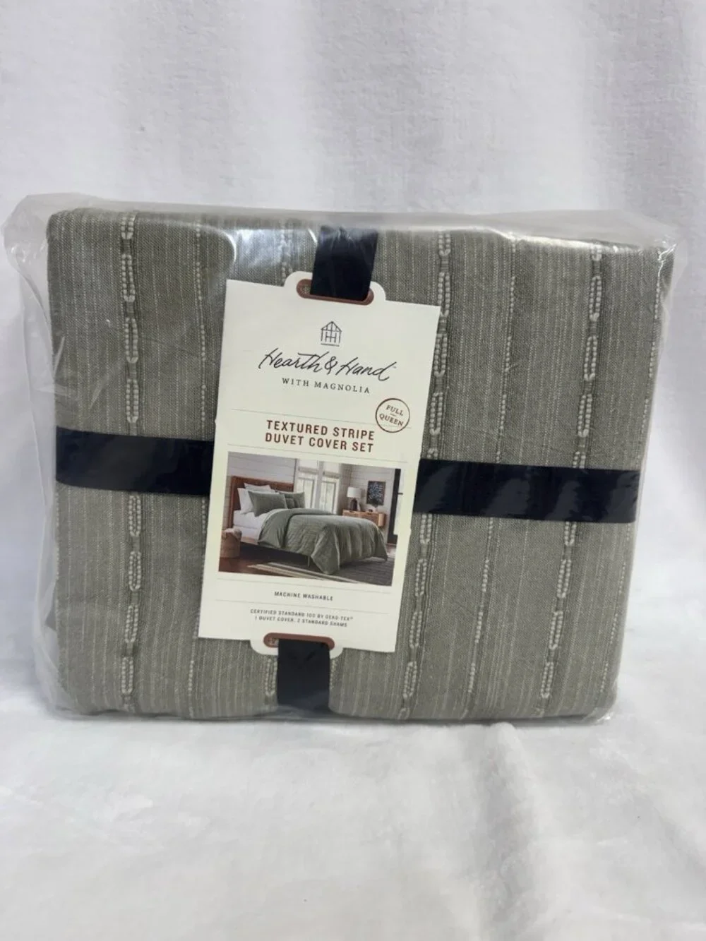 Hearth & Hand Magnolia Full Queen Sage Stripe Duvet Cover Set 3 Piece New